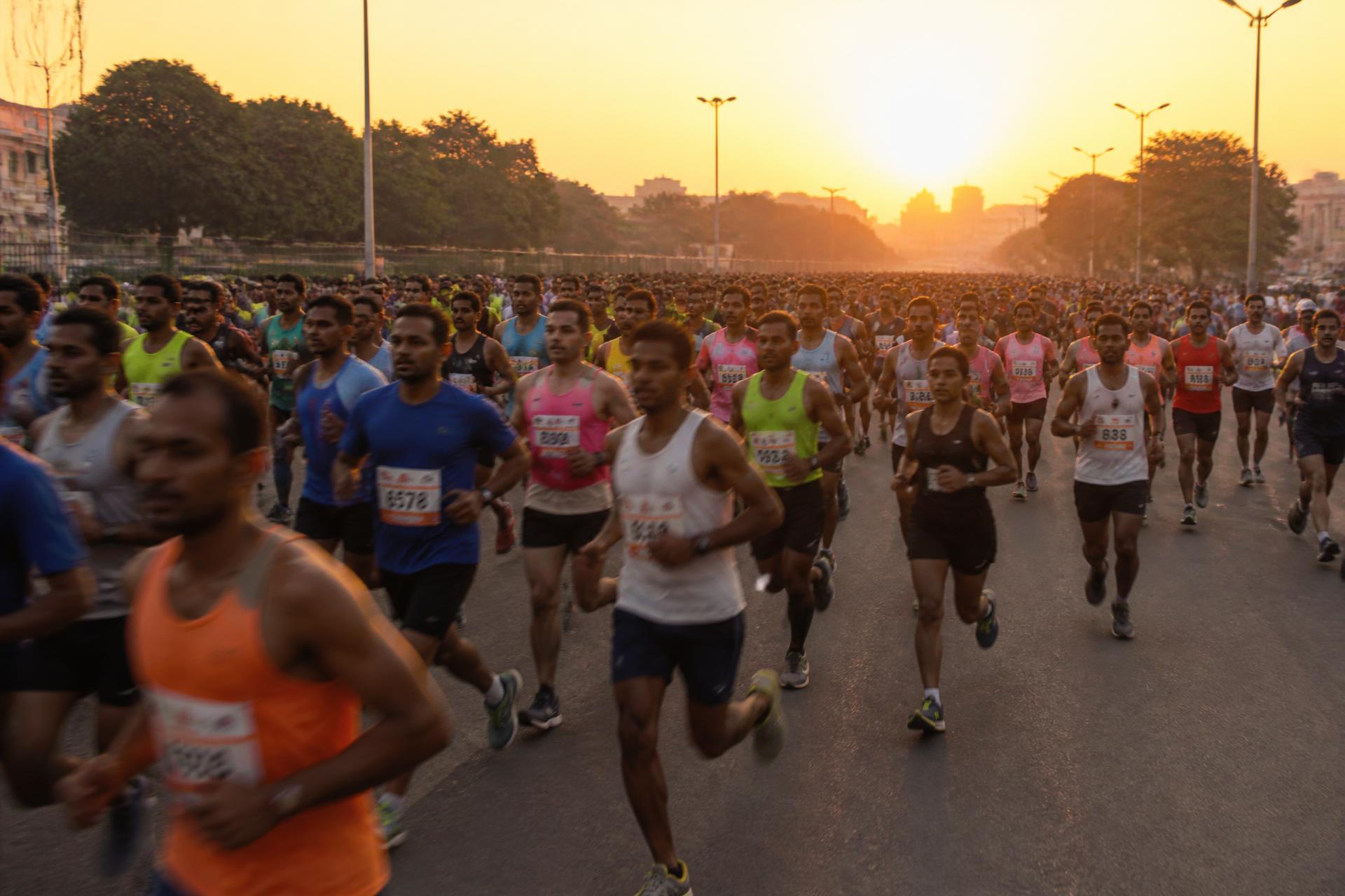 Runners at the start of the SRV Chennai Marathon at sunrise